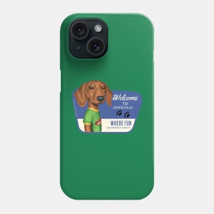 Cute Doxie with green tee in Doxieville, USA Phone Case