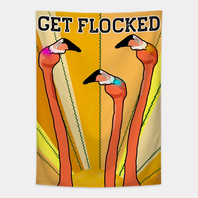 Get Flocked Funny Vintage Flamingo Bird Tapestry by Punderstandable