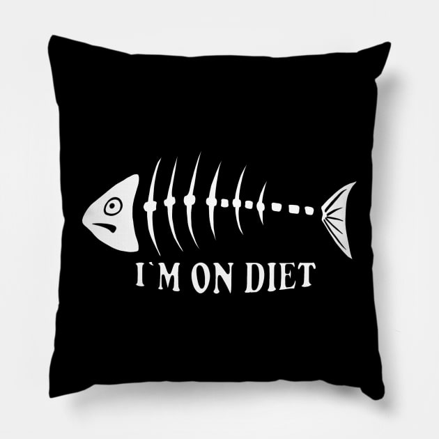 On Diet Weight Loss Funny Skinny Fish Fishbone Fish Black Pillow by PrintingJack