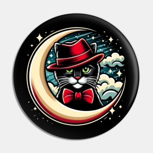 A black cat with a bowtie on the moon Pin