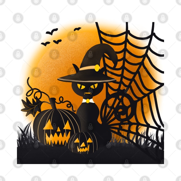 Halloween Cat With Pumpkin & Spooky Spiderweb by The Little Store Of Magic