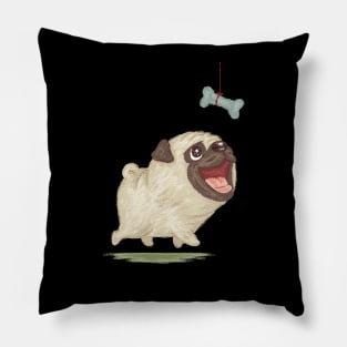 Happy Pug and dog bone Pillow