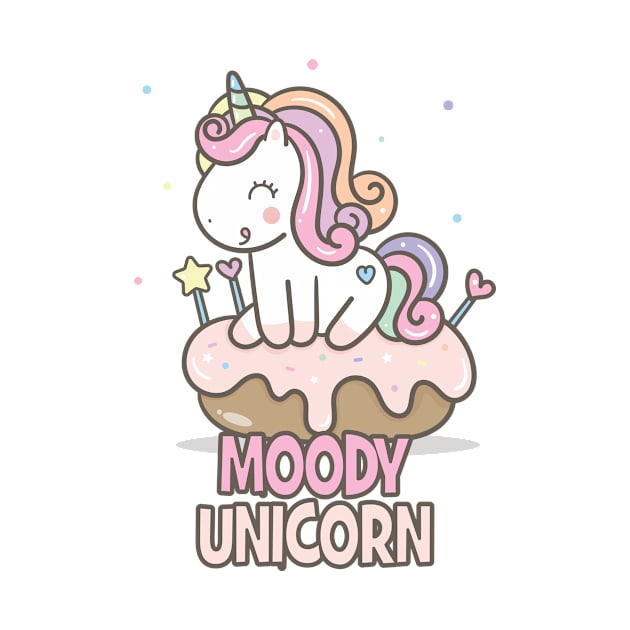 Moody unicorn - Cute little unicorn on a cupcake you and your kids would love! - Available in stickers, clothing, etc by Crazy Collective