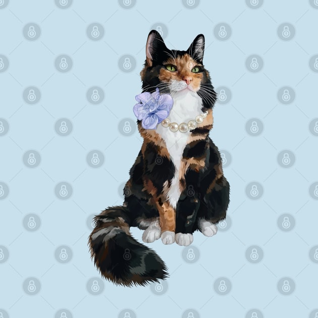 Glamorous Longhair Calico Cat with Pearls by CarleahUnique