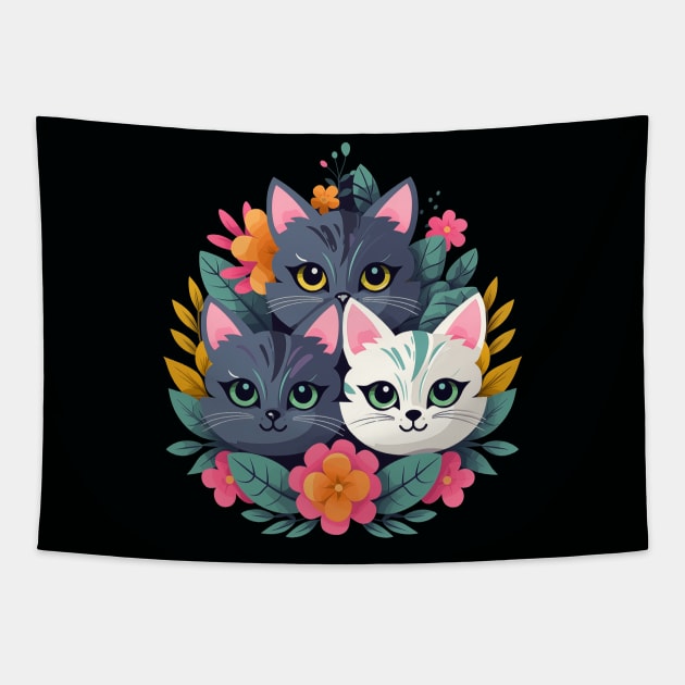 Bright drawing with kittens, cheerful art illustration, stylish print with kittens. Tapestry by Art KateDav