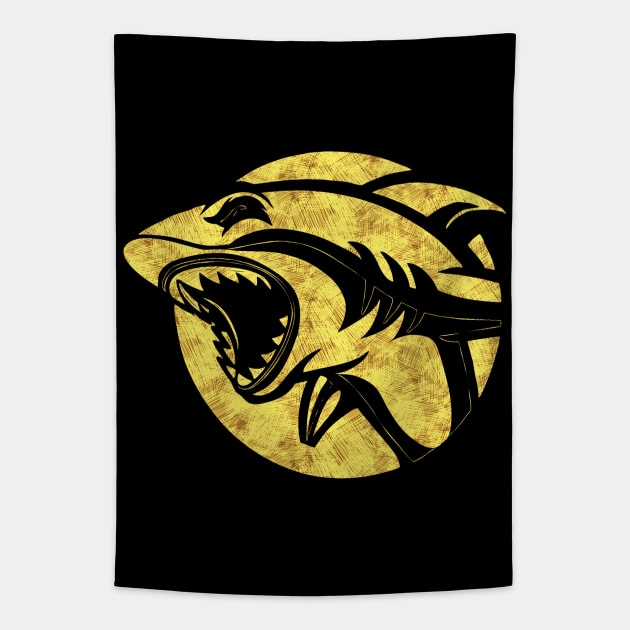 Hungry Angry Shark Black and Yellow Sketch gift idea for marine biologists Tapestry by Naumovski