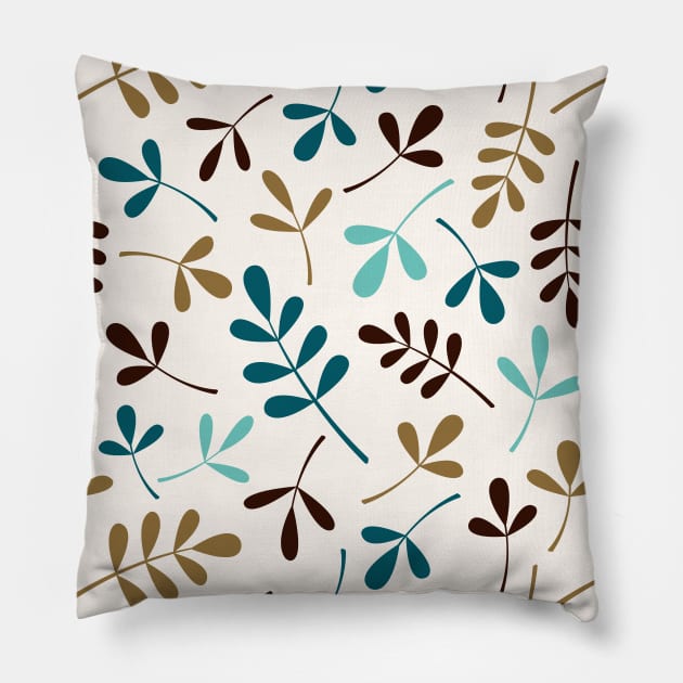 Assorted Leaf Silhouettes Teals Brwn Gld Crm Pillow by NataliePaskell