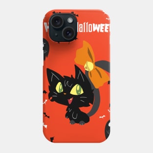 Orange Happy Halloween - Black Cat with a Bow Phone Case