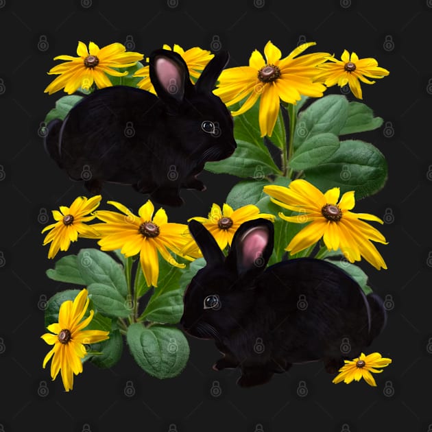 bunny rabbits in yellow  daisies - cute  ebony  dwarf lop bunny rabbits by Artonmytee