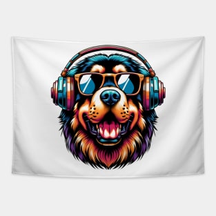 Tibetan Mastiff Smiling DJ in Vibrant Japanese Art Tapestry