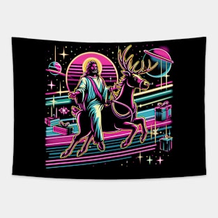 COOL JESUS RIDING RAINDEER UNIVERSE RETRO 80'S NEON VIBE Tapestry