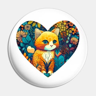 Floral Cat Botanical Plant Flower Cat Lover With Heart Pin