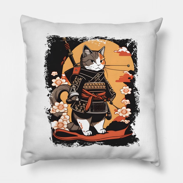 Japanese Cat Samurai Katana Sameowrai Anime Funny Pillow by Matthew Ronald Lajoie