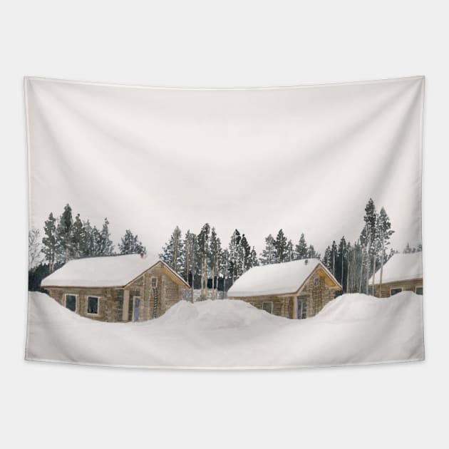 Snowy Winter Landscape with Houses and Trees Tapestry by Flowering Words