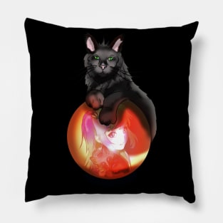 Black fluffy cat on a red glow crystal ball Pillow