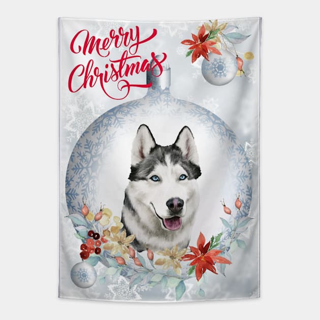 Husky Merry Christmas Santa Dog Tapestry by Puppy Eyes