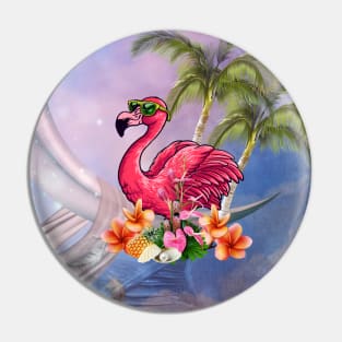 Funny flamingo with sunglasses and flowers Pin