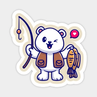 Cute Polar Bear Fishing With Fishing Rod And Fish Cartoon Magnet