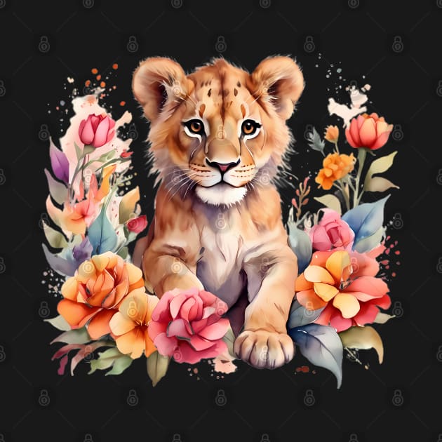 A lion cub decorated with beautiful watercolor flowers by CreativeSparkzz