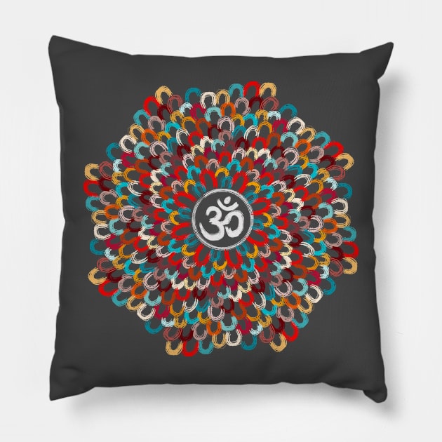 Yogi, Prana Mandala Om - Colorful Feathers Pillow by Unelmoija