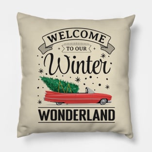 Winter Wonderland Vintage car with Christmas Tree Pillow