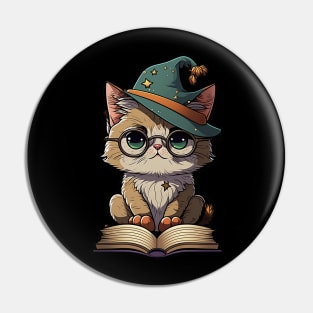 Magical Cat with a Spellbook - Adorable Magic Cat Cartoon Pin