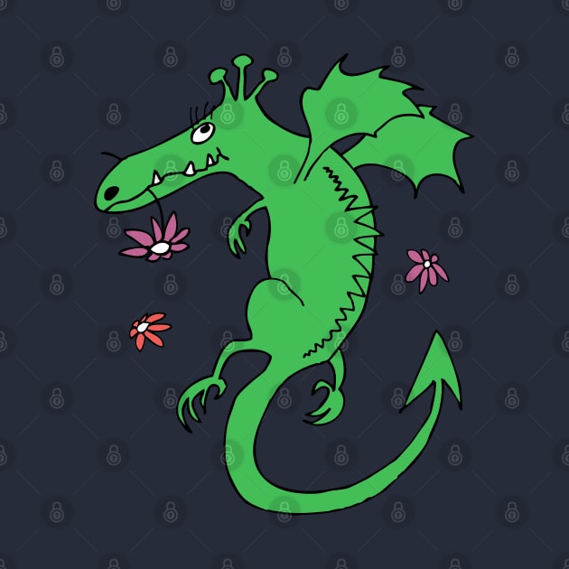 cute happy dragon - green with flowers by kobyakov