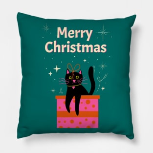 Merry Christmas! Cute black cat in box with bow illustration. Xmas art gift idea Pillow