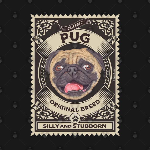 Cute and funny Pug dog on round stamp by Danny Gordon Art