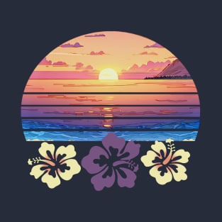 Sunset Beach And Hibiscus Flowers T-Shirt
