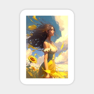 Lovely Woman In A Sun Dress Walking Through A Field of Yellow Flowers Magnet