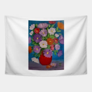 mixed carnations flowers in a red vase Tapestry