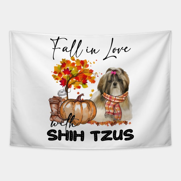 Fall In Love With Shih Tzus Fall Pumpkin Thanksgiving Tapestry by SuperMama1650