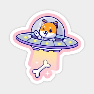 Cute Shiba Inu Catching Bone With Ufo Cartoon Magnet