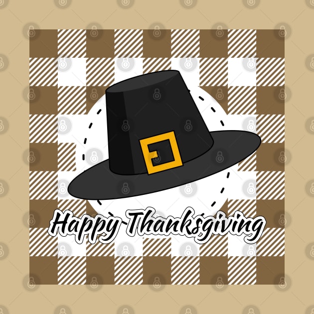 Black Pilgrim Hat on Brown Plaid - Happy Thanksgiving by BirdAtWork