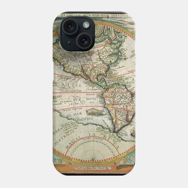 Antique World map of the Americas by Theodor de Bry Phone Case by MasterpieceCafe