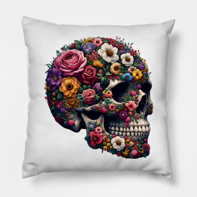 Floral Skull Garden of Eden Illustration Pillow by LSanchezArt