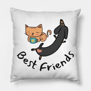 Best Friends - Orange Cat and Dachshund - Doxie and Kitten Cartoony Pillow