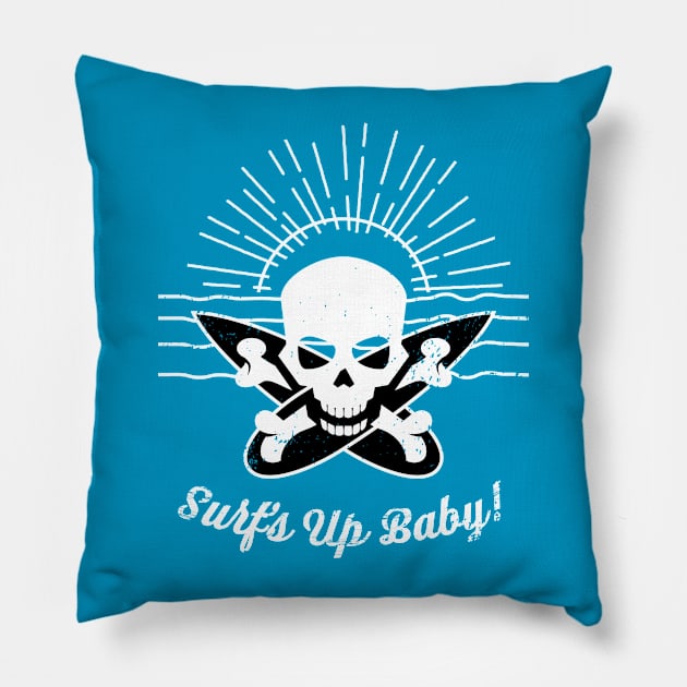 Surfs Up Sunrise Skull Surfer Pillow by atomguy