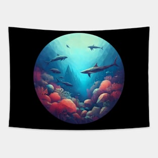 Low Poly Underwater Ocean with Sharks Tapestry