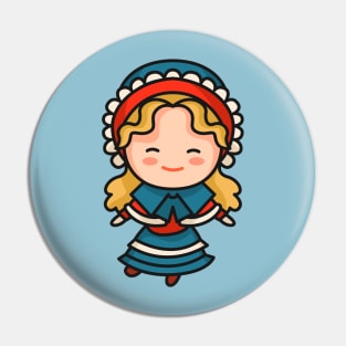 Cute British Victorian Era Girl in Traditional Clothing Cartoon Pin