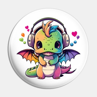 Baby Dragon Wearing Headphones Pin