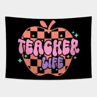 Teacher Life Retro Groovy Apple Teacher Appreciation Tapestry