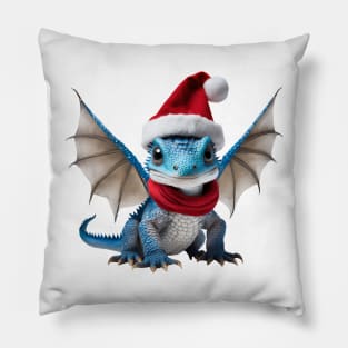 Realistic Artwork of a Cute Blue Baby Dragon Wearing a Red Santa Christmas Hat Pillow