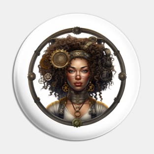 Steampunk Beauty: A Stunning Brown Woman in Gear-Adorned Afro Pin