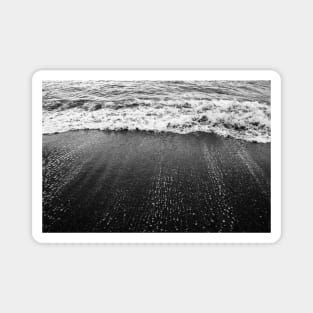 Dramatic Ocean Waves Crashing on Sandy Beach, Black and White Magnet