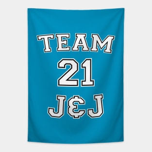 Vaccine pride: Team J&J (white college jersey typeface with black outline) Tapestry