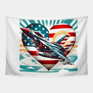 Retro Fighter Jet Airplane American Flag Heart 4Th Of July Tapestry