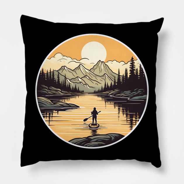 Golden Hour Paddleboarding in a Pristine Mountain Lake Pillow by AIHRGDesign