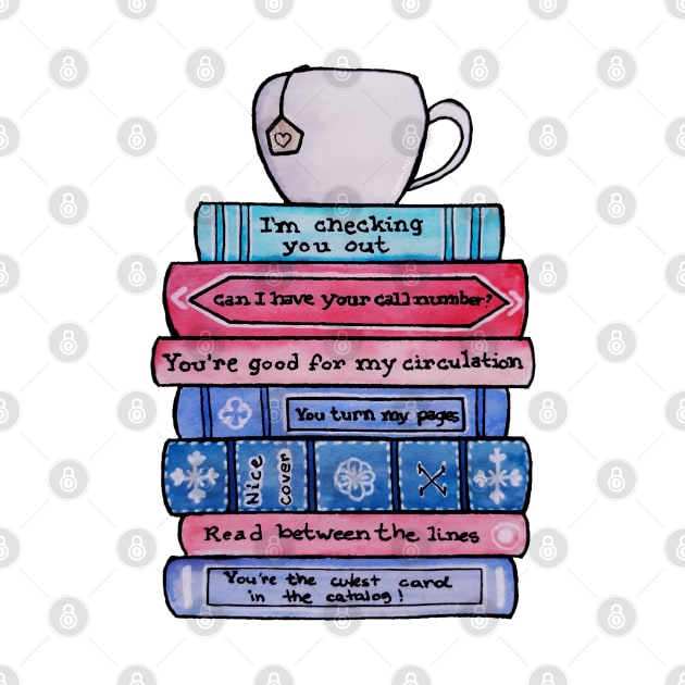 Watercolor Library Lovers Punny Books and Teacup by Jessfm